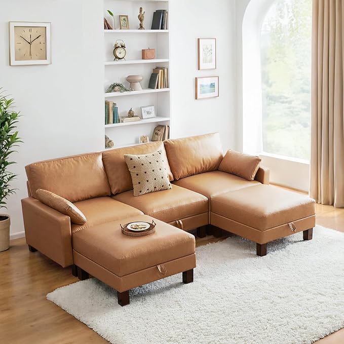 5 Seater Faux Leather Sofa Couch, 98'' L Shape Sectional Couch, Mid Century Modern Decor, Office Sectional Sofa Bed, for House, Apartment, Living Room, Tan-CasaMuseHome
