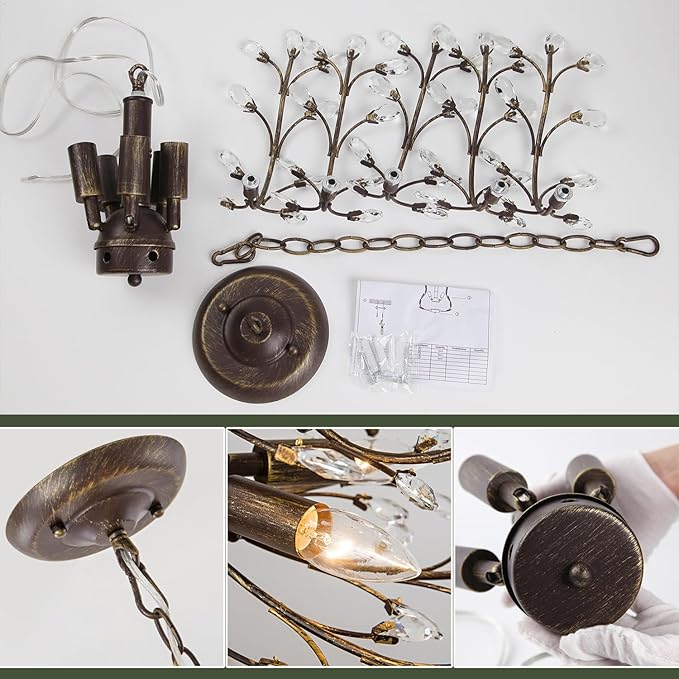 5-Light Vintage Crystal Branch Chandelier Farmhouse Hanging Pendant Light Fixtures for Living Room Dining Room Foyer Kitchen Island Hallway, Aged Bronze-CasaMuseHome