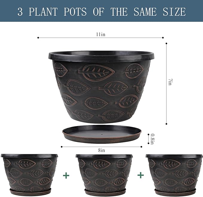 3 Pack Flower Pots Outdoor 11 Inch Plant Pots Indoor, Large-Plastic-Plant-Flower-Planters-Pots with Drainage Hole & Tray, Modern Decorative Garden Pot with Saucer(Brown)-CasaMuseHome