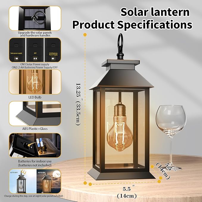 2 Pack Hanging Solar Lanterns Glass Solar Lights Outdoor Waterproof Upgraded Solar and 2 AA Batteries Powered, for Outside Porch, Patio and Indoor Tables, Mantelpiece-CasaMuseHome