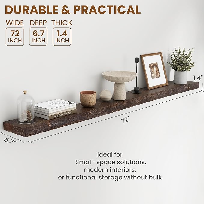 72" Floating Shelves, Live Edge Elm Wood Floating Shelf for Wall, Wall-Mounted Display Shelves with Invisible Heavy-Duty Bracket, Long Floating Shelf for Bathroom, Kitchen, Living Room, Walnut Color-CasaMuseHome