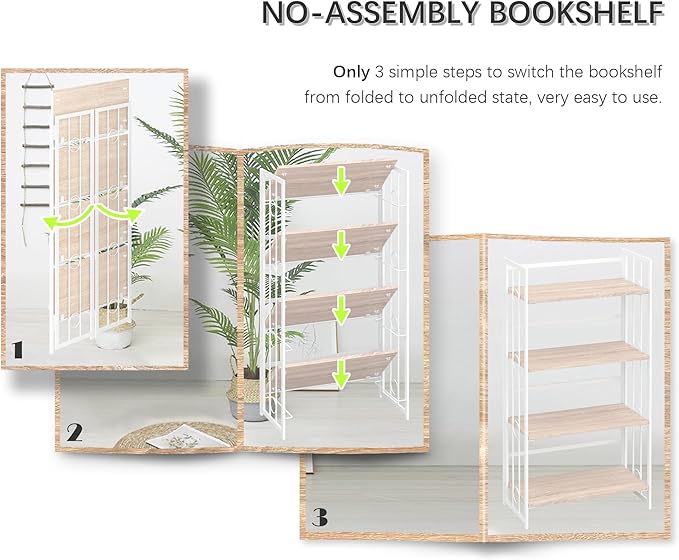 4NM No Assembly 4 Tiers Folding Bookshelf, 47.2" H Foldable Storage Shelves Vintage Bookcase Standing Racks Study Organizer Home Office - Natural White-CasaMuseHome