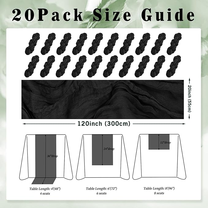10FT 20 Pack Black Cheesecloth Table Runner 20 x 120 Inch Long Boho Fabric Rustic Cheese Cloth Table Runner for Wedding Bridal Shower Baby Shower Gauze Sheer Birthday Party Table Decorations-CasaMuseHome