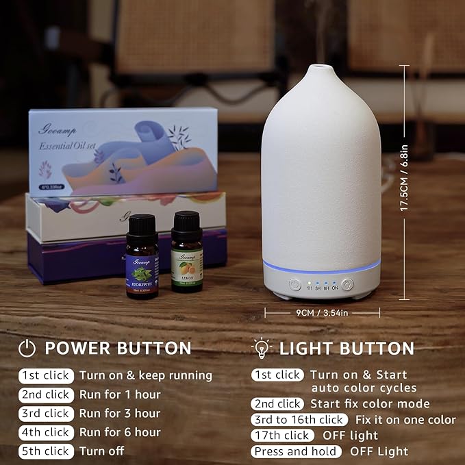 200ML Ceramic Essential Oil Diffuser - Ultrasonic Aromatherapy & Humidifier with 7-Color LED Lights, Auto Shut-Off, White, 1H/3H/6H Timer | Scent for Home,Office,Yoga-CasaMuseHome