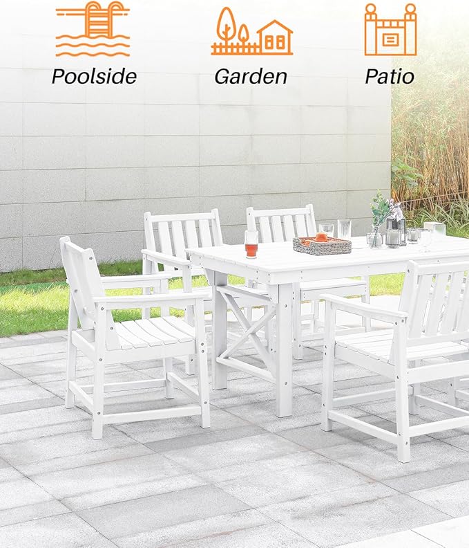 7 Pieces HDPE Outdoor Dining Set, Patio Dining Set with Umbrella Hole, All Weather Outdoor Dining Table Sets for 6, HDPE Patio Furniture Sets for Deck, Backyard, Lawn, and Poolside, Pearl-CasaMuseHome