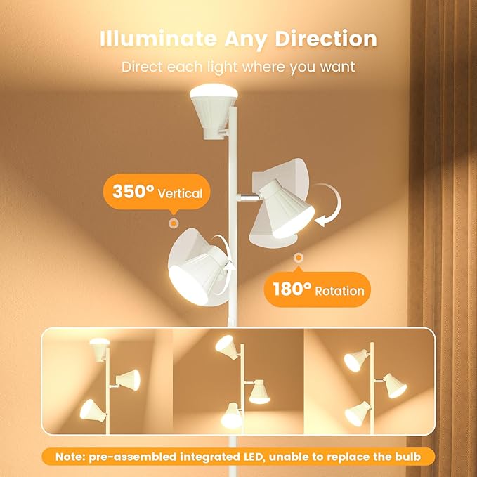 36W LED Tree Floor Lamp, Dimmable Tall Standing Lamp with Remote & Touch Control, 4 Color Temperatures Bright Floor Lamp, 3 Rotatable Light Modern Floor Lamps (White)-CasaMuseHome