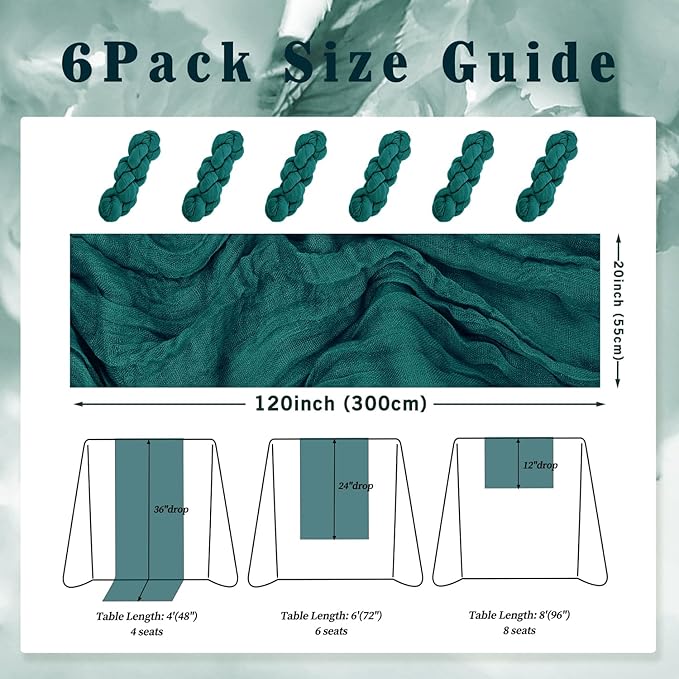 6 Pack Teal 10FT Cheesecloth Table Runner Rustic Gauze Cheese Cloth Table Runner for Wedding Bridal Baby Shower Table Decorations Boho Fabric Sheer Birthday Party Table Decor 20 x 120 Inch Long-CasaMuseHome