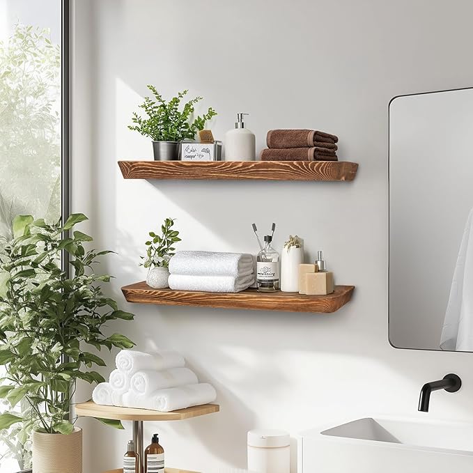 24"x6.8"x1.6" Slanted Floating Wall Shelves 2-Pack - Rustic Brown Finish, Heavy-Duty Solid Wood Design with Hidden Brackets - Perfect for Living Room, Kitchen, Bathroom, or Office-CasaMuseHome