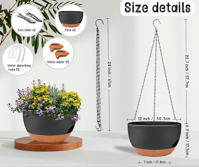 2 Pack 12 Inch Large Hanging Planters with Chains Self Watering Black Brown Plastic Hanging Pots for Indoor Outdoor Plants, Garden Porch Home Decor，Black Brown-CasaMuseHome
