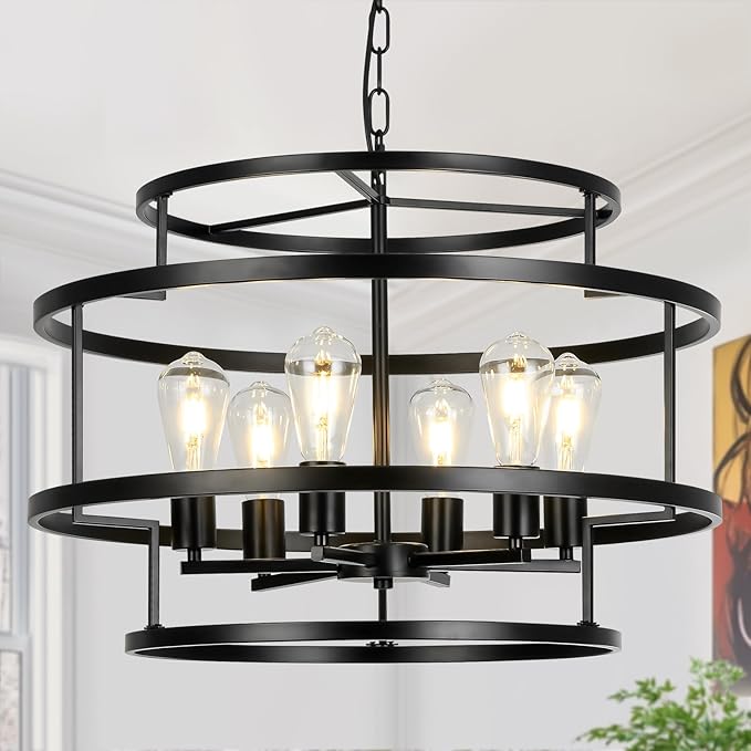 24" Black Chandelier, 6-Light Farmhouse Pendant Light Fixture with Geometric Metal Frame, Modern Industrial Ceiling Hanging Light for Dining Room, Living Room, Bedroom, Kitchen Island, Hallway, Foyer-CasaMuseHome