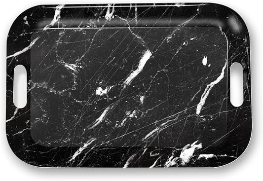 Serving Trays with Handles, 14.5 x 9.8 inch Rectangular Plastic Tray for Restaurant, Kitchen, Black Marble-CasaMuseHome