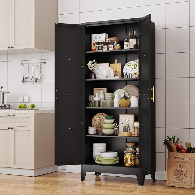 71" H Metal Kitchen Pantry Storage Cabinet, Freestanding Cupboard with 2 Doors and 4 Adjustable Shelves, Standing Storage for Kitchen, Bathroom, Garage, Dinning Room or Utility Room（Black）-CasaMuseHome
