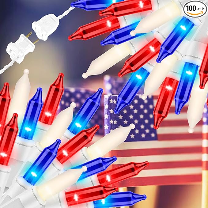 100LIGHTS RED White and Blue Extra-Bright with End Connectors 4th July Decoration Patriotic Mini String Lights 5.98m UL Certified Waterproof for Home Garden Holiday Tree Party Patio-CasaMuseHome