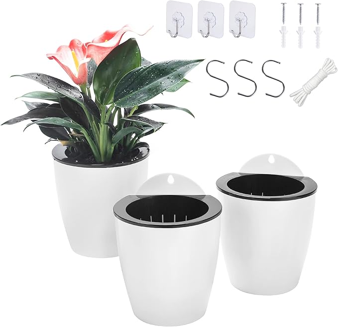 3 Pack Self Watering Wall Hanging Planter Pots Vertical Garden Window Hang Mount Indoor Outdoor Plant Flower Basket for Kitchen Herbs Balcony Railing Shelf Fence Bedroom Trellis Decor Modern White Box-CasaMuseHome