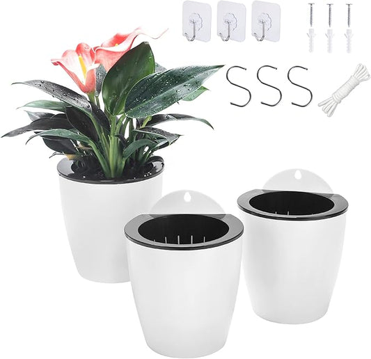 3 Pack Self Watering Wall Hanging Planter Pots Vertical Garden Window Hang Mount Indoor Outdoor Plant Flower Basket for Kitchen Herbs Balcony Railing Shelf Fence Bedroom Trellis Decor Modern White Box-CasaMuseHome
