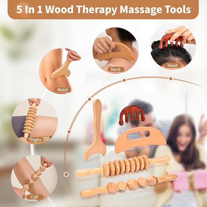 5 in 1 Wood Therapy Massage Tools Lymphatic Drainage Massager Maderoterapia Kit Wooden Massager Body Sculpting Tools for Muscle Pain Relief, Anti-Cellulite, Body Contouring and Shaping-CasaMuseHome