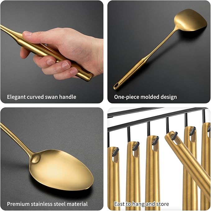 304 Stainlss Steel Matte Kitchen Utensils Set, 11 Pcs Long Metal Cooking Utensil Gadgets Tools Set with Spatula, Spoon, Ladle, Skimmer, Tunner, Pasta Server, Tongs(Gold, Dishwasher Safe)-CasaMuseHome