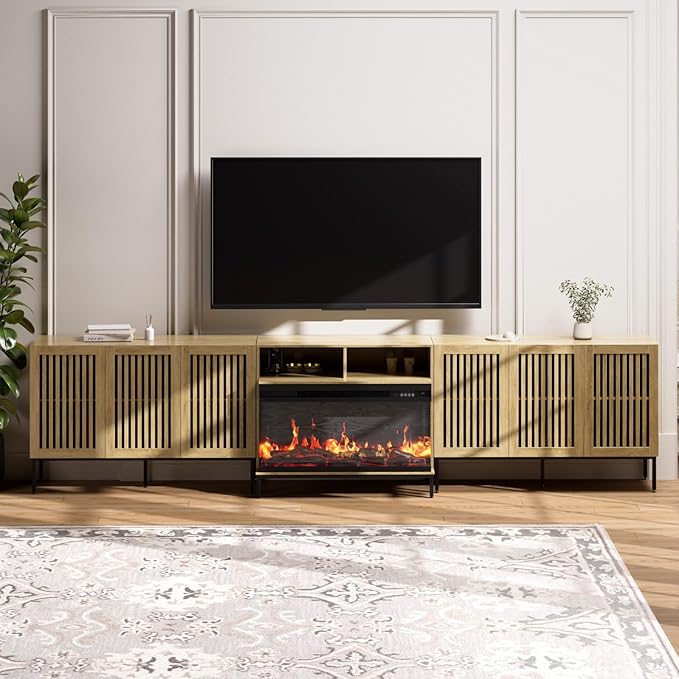 3-Sided Glass Farmhouse Fireplace TV Stand for TVs Up to 110 Inch, Oak Entertainment Center with 36" Electric Fireplace, TV Console with Storage Cabinets for Living Room-CasaMuseHome