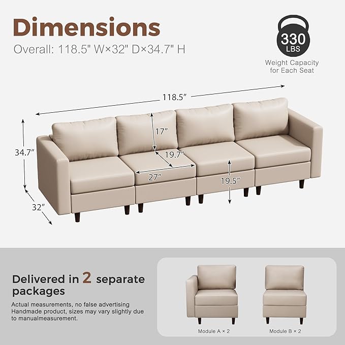 118.5" Faux Leather Modular Sectional Sofa with Storage Seat, Oversized 4 Seater Couch Deep Seat with Removable Cover Whitesand-CasaMuseHome
