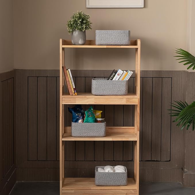 4 Pack Small Storage Shelf Baskets for Organizing, Mini Woven Rope Storage Bins for Towels, Cute Decorative Closet Organizer，Baby Nursery, Gift Empty Baskets -11.81''Lx7.87''Wx4.72''H-Grey-CasaMuseHome