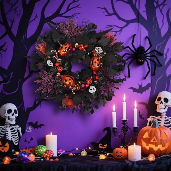 24" Glitter Halloween Wreath Outdoor - Sparkly Balls, Skulls, Bat, Skeleton, Pumpkin on Black Twig | Front Door Outside Goth Decor for Spooky Night-CasaMuseHome