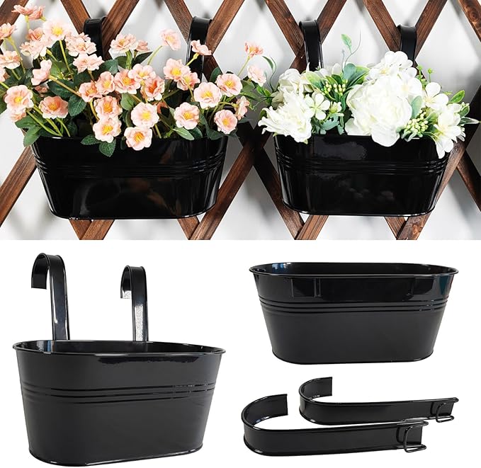 2 Pack Metal Hanging Planter for Outdoor Plants, 10 Inch Black Fence Planters Railing Pots for Garden Patio Balcony Decor, Flower Bucket with Detachable Hooks (Black, 2Pcs)-CasaMuseHome