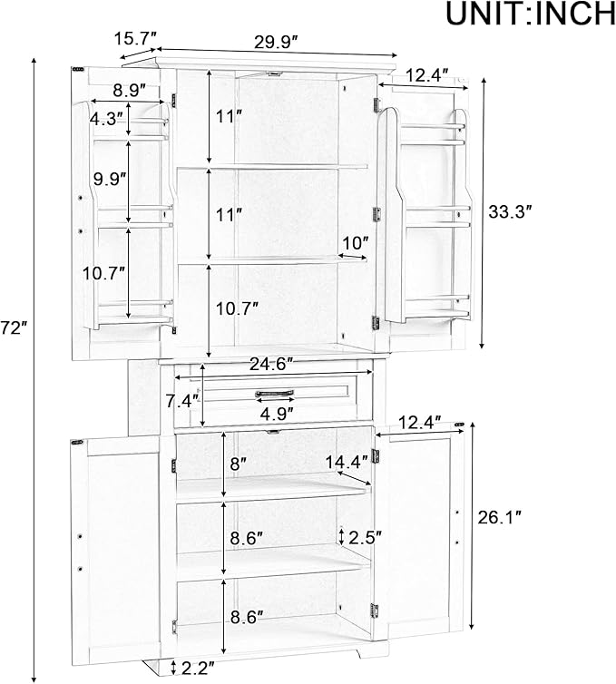 72.2" Tall Storage Cabinet with 4 Doors and Drawer, Freestanding Linen Cabinet, Wooden Pantry with Adjustable Shelf for Kitchen, Bathroom, Living Room White-CasaMuseHome