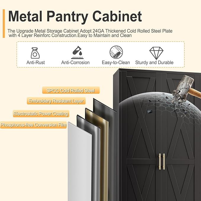 75" Tall Metal Kitchen Pantry Storage Cabinet, Freestanding Cupboard with 2 Doors and 5 Adjustable Shelves, Standing Storage for Kitchen, Bathroom, Garage, Dinning Room or Utility Room（Black）-CasaMuseHome