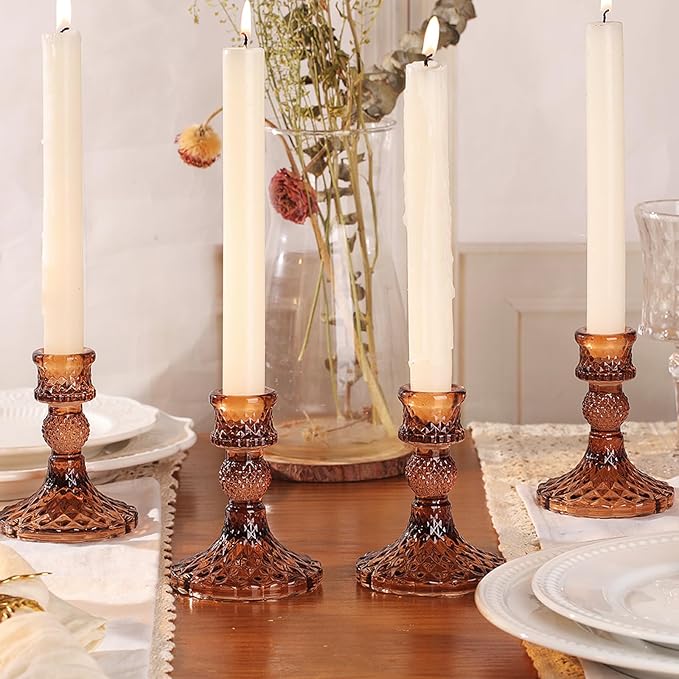 12Pcs Amber Candlestick Holders Set- 4" H Taper Candle Holders Bulk, Glass Candle Holders for Wedding, Party, Fall Dinner Table Centerpieces, Festival Gifts & Windowsill Decor-CasaMuseHome