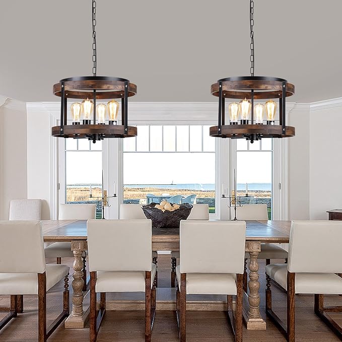 4-Light Large Rustic Farmhouse Wood Pendant Light Fixture with Adjustable Chain, 16.5 inch Oak Wood Drum Chandelier for Dining Room Kitchen Island Farmhouse Living Room Hallway, Black-CasaMuseHome