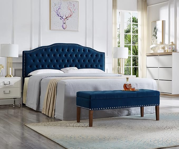 24KF Upholstered Button Tufted King Headboard with Nailhead Trim, Soft Velvet Fabric Headboard King/CA King - Navy-CasaMuseHome