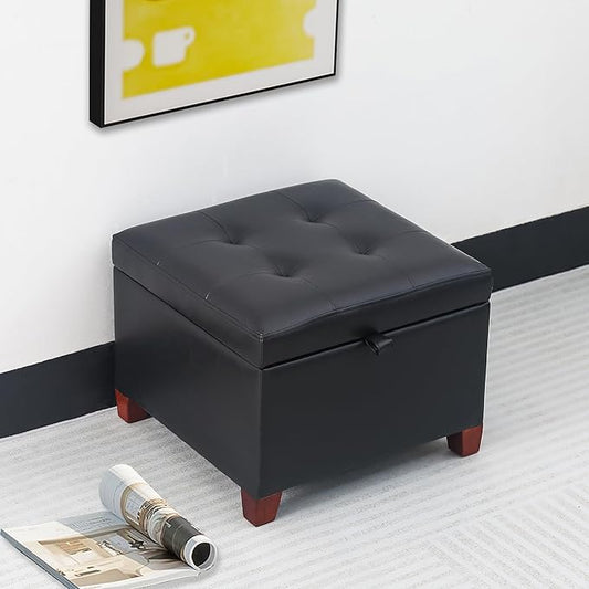 Adeco Faux Leather Storage Ottoman with Hinged Lid, 14 Inch High Black Square Cube Foot Stool with Storage, Upholstered Vanity Stool with Solid Wood Legs for Living Room, Bedroom, Dorm-CasaMuseHome