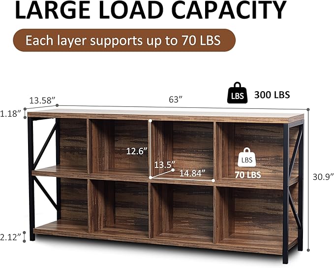 8 Cube Storage Organizer Bookshelf, Industrial Horizontal Bookcase, Accent Cubby Shelf, Media Console Table for Living Room, Home Office, 63 Inches, Light Oak-CasaMuseHome