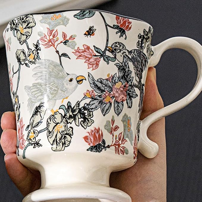360ml -12.17oz Painted Floral & Bird Ceramic Mug - Cute Coffee Cup for Latte, Espresso - Gift for Women, Dishwasher Safe-CasaMuseHome
