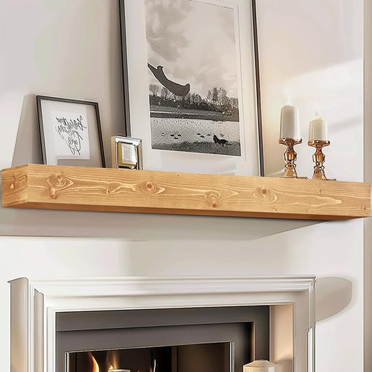 72x8x5 Fireplace Mantel - Handcrafted Rustic Solid Wood Wall Mounted Floating Shelf with Invisible Heavy Duty Wood Bracket (Natural)-CasaMuseHome