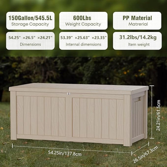 150 Gallon Resin Deck Box, Waterproof Outdoor Storage Bin for Patio Furniture, Pool Accessories, and Garden Tools, Lockable & UV-Resistant, Grey-CasaMuseHome