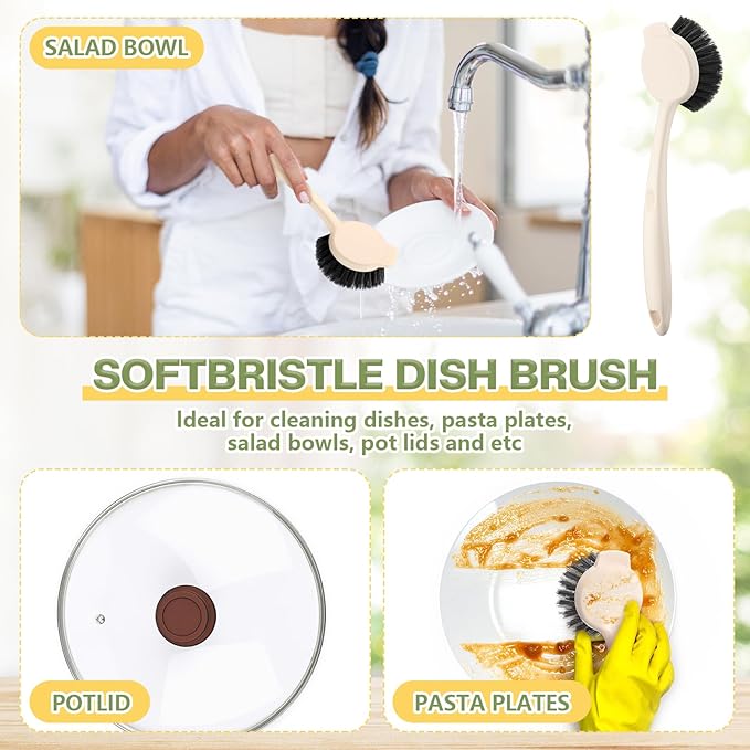 16 Pack Dish Brush with Handle Dish Scrubber Brush with Built-in Scraper Kitchen Scrub with Stiff Bristles Long Scrubber for Home Restaurant Pot Sink Washing Cleaning Supplies, Beige-CasaMuseHome