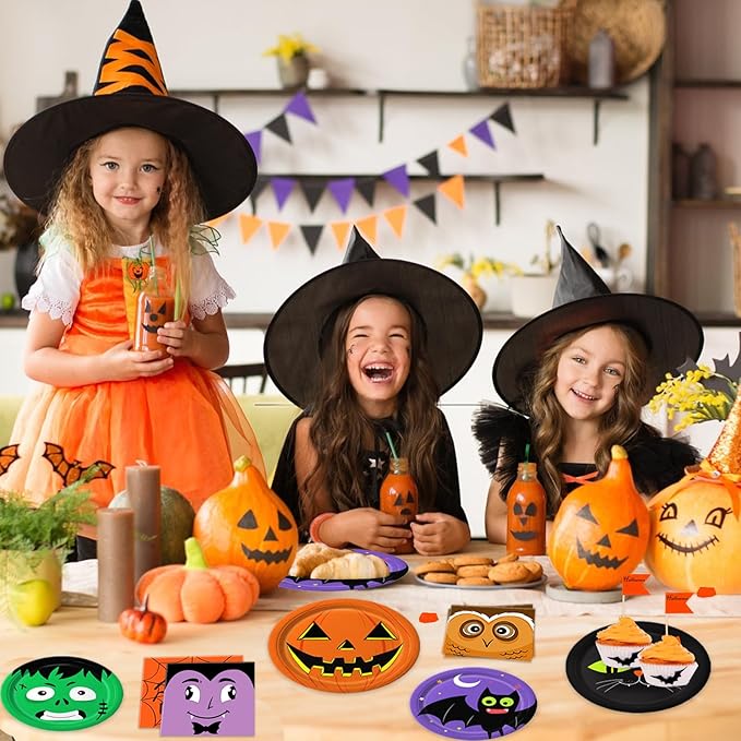 105PCS Halloween Paper Plates Ghosts Pumpkin Skull Spider Web Design for Halloween Party Decorations Supplies, Serves 30-CasaMuseHome