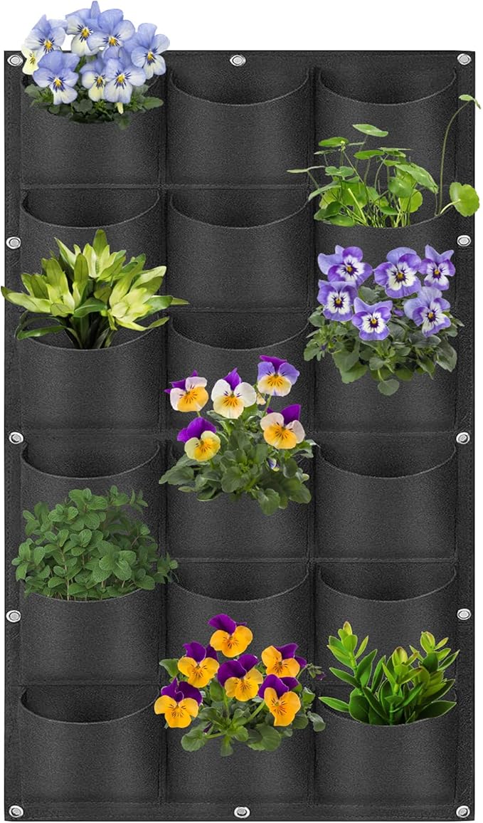 18 Pockets Hanging Planter Bags, Hanging Vertical Wall Mounted Plant Planting Grow Bags, Herb Garden Planter Outdoor Indoor Growing Bag, Gardening Vertical Greening Flower Container(1m×0.5m, Black)-CasaMuseHome