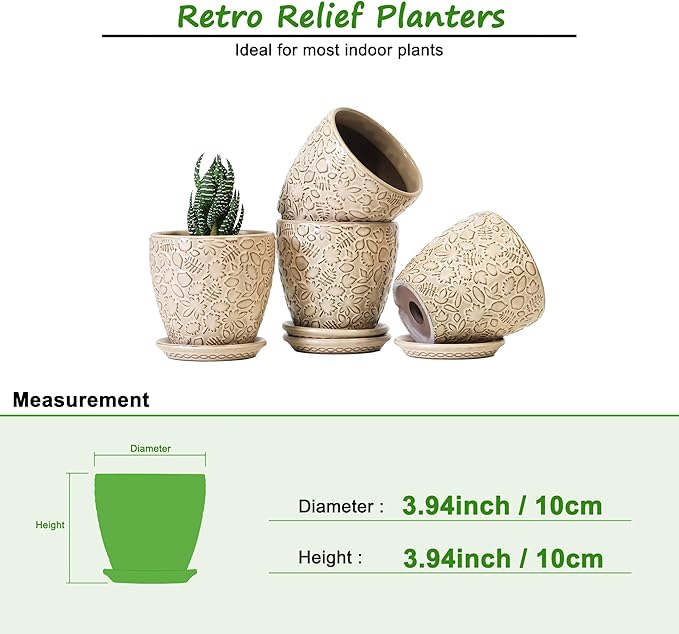 4 Inch Mini Plant Pots, Ceramic Succulent Planter with Drainage Hole and Saucers for Indoor Plants, Small Garden Pots for Succulent, Herb and Flower, Set of 4-CasaMuseHome