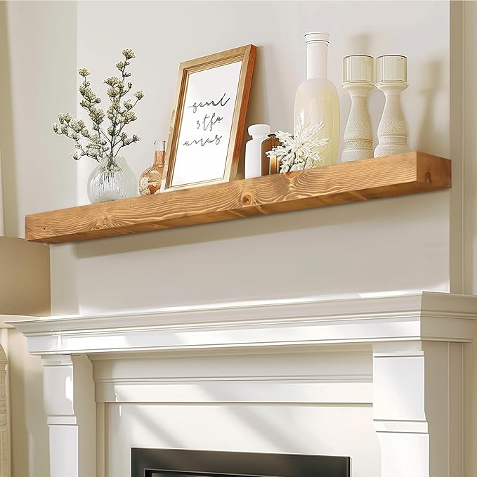 48x7x3 Fireplace Mantel - Solid Rustic Wood - Wall Mounted Floating Shelf with Invisible Heavy Duty Steel Bracket (Natural Wood)-CasaMuseHome
