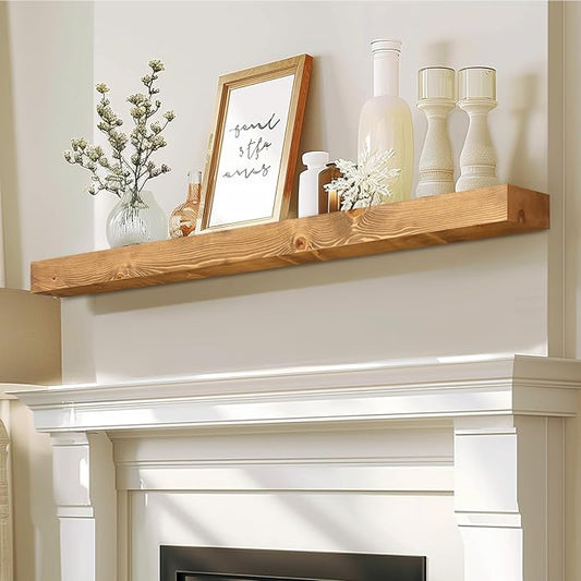 48x7x3 Fireplace Mantel - Solid Rustic Wood - Wall Mounted Floating Shelf with Invisible Heavy Duty Steel Bracket (Natural Wood)-CasaMuseHome