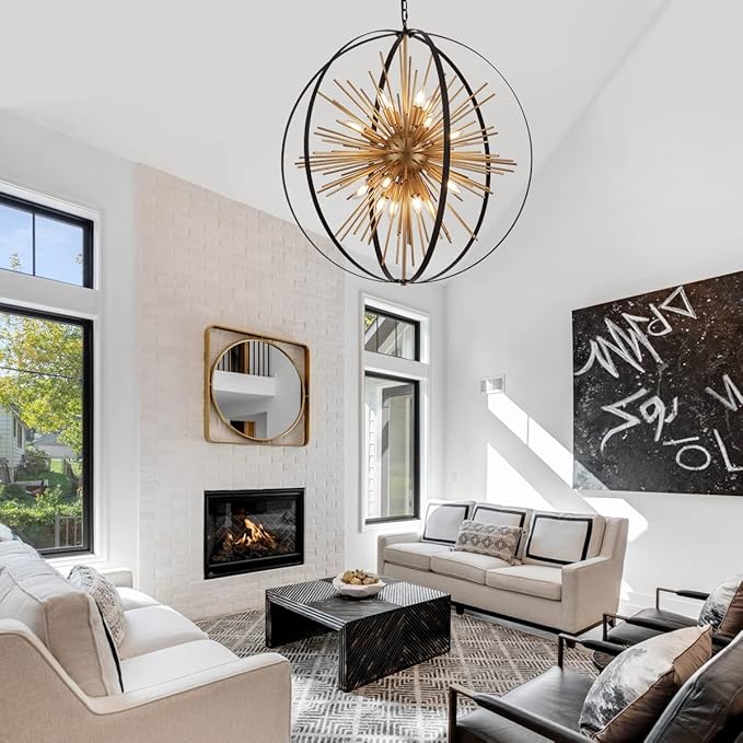 31.5" Black Gold 16-Light Globe Sputnik Chandelier Modern Industrial Adjustable Hanging Ceiling Firework Pendant Light Fixture for Entryway Foyer Stairway Bedroom Dining Living Room Hallway-CasaMuseHome