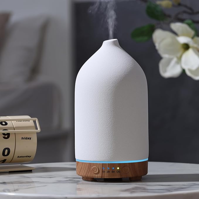 200ML Ceramic Essential Oil Diffuser - Ultrasonic Aromatherapy & Humidifier with 7-Color LED Lights, Auto Shut-Off, Wood Grain Base, 1H/3H/6H Timer | Scent for Home, Office, Yoga-CasaMuseHome
