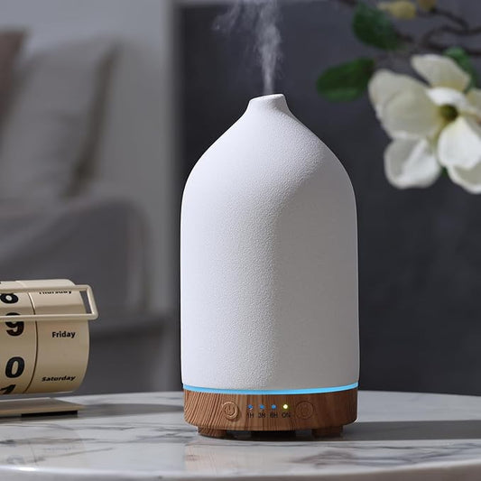 200ML Ceramic Essential Oil Diffuser - Ultrasonic Aromatherapy & Humidifier with 7-Color LED Lights, Auto Shut-Off, Wood Grain Base, 1H/3H/6H Timer | Scent for Home, Office, Yoga-CasaMuseHome