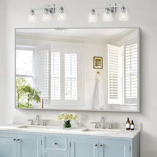 36x60inch Brushed Nickel Bathroom Mirror, Silver Rectangle Mirror with Frame, Large Rectangular Wall Mirrors for Bathroom, Living Roomm, Hair Salon, Big Mirror Hang Horizontal/Vertical-CasaMuseHome