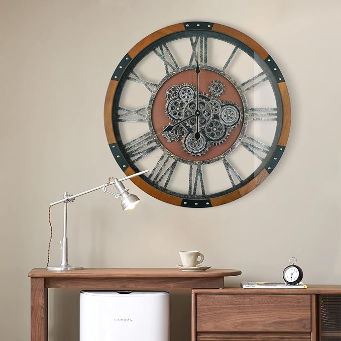 30 Inch Moving Gear Wall Clock, Oversized Wall Clocks, Clock Living Room Decor, Solid Wood Frame, Battery Operated, Large Wall Clock with Steampunk Industrial for Fireplace(Machilus)-CasaMuseHome