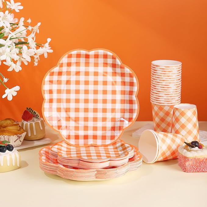 350 Pcs Orange and White Gingham Party Supplies - Orange Gingham Paper Plates and Napkins Sets Serve 50 - Scalloped Checkered Plates for Birthday Picnic Fall Halloween Thanksgivng Party Decorations-CasaMuseHome