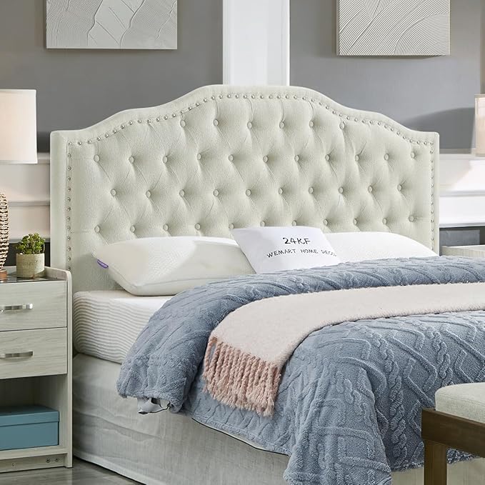 24KF Upholstered Button Tufted Queen Headboard with Nailhead Trim, Elegant Boucle Fabric Full headboard, 6031-Q-Boucle-Beige-CasaMuseHome