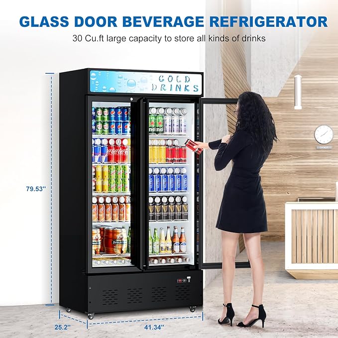 30 Cu.ft. Commercial Beverage Refrigerators Glass Door Refrigerator Upright Display Cooler with Soft LED Light and Adjustable Shelves for Restaurant Grocery Stores Home-CasaMuseHome